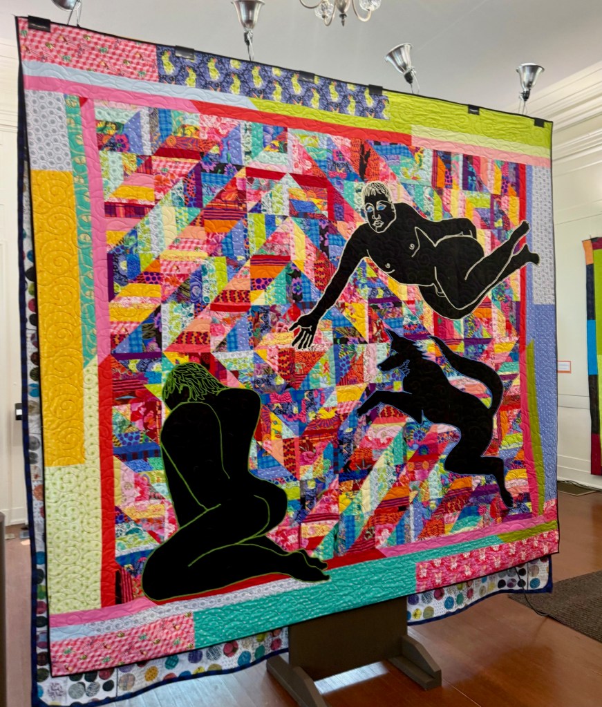 Colorful quilt featuring vibrant patchwork patterns and silhouettes of figures, including a person diving and a cat, displayed in an indoor setting.