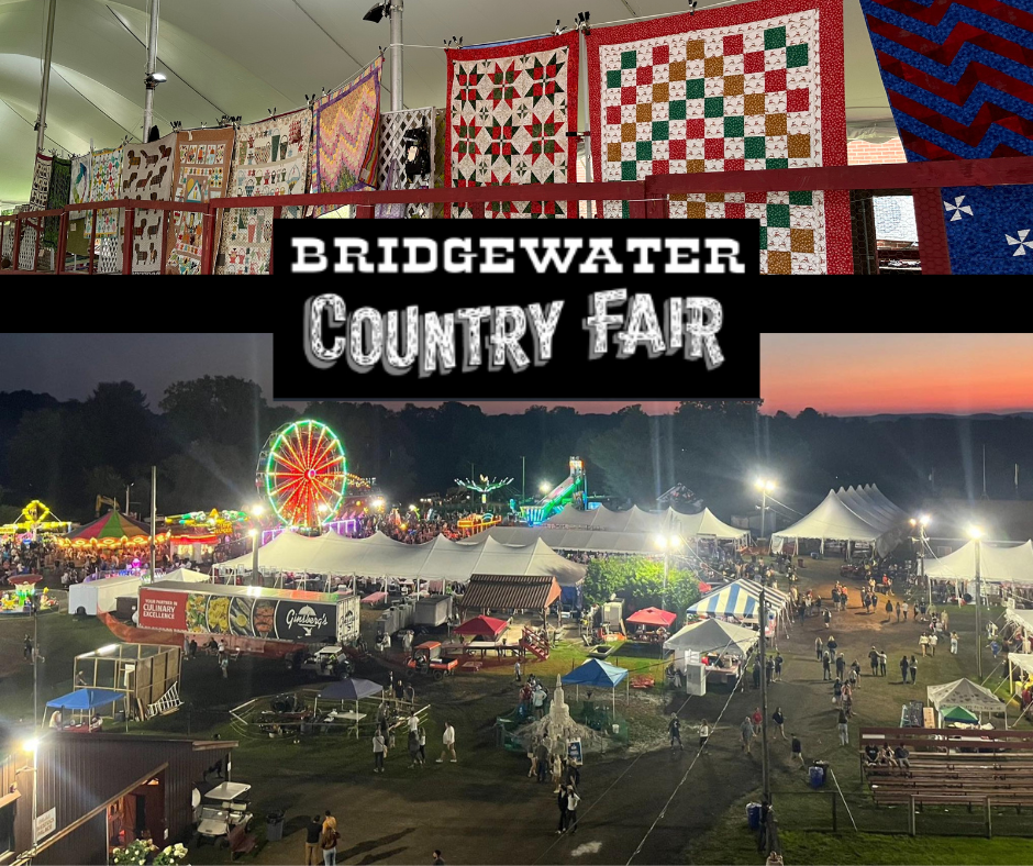 An aerial view of the Bridgewater Country Fair, featuring colorful quilt displays above and vibrant carnival rides below, with a setting sun in the background.