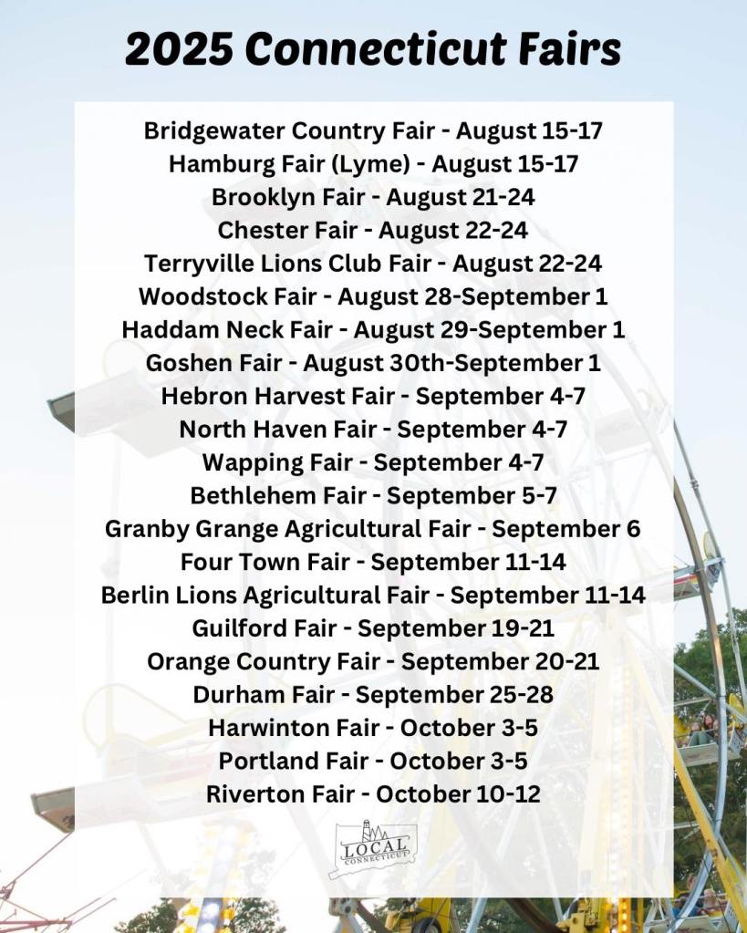 A list of Connecticut fairs for 2025, featuring dates and locations, overlaid on a background image of a fairground ride.